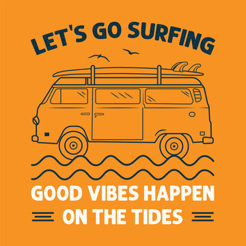 Surfing good vibes van vector illustration with tides for tshirt print
