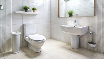 A modern white toilet bowl and sink occupy a bright bathroom, surrounded by clean tiles that cover the