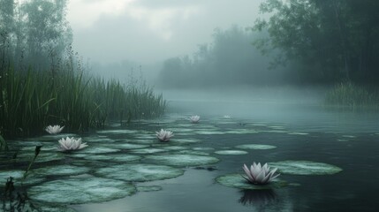 Water Lilies in a Misty Forest River