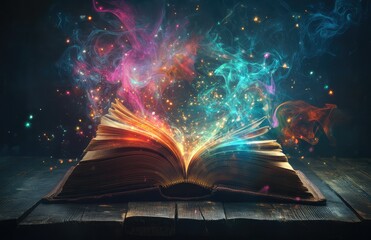 An enchanting book emits vibrant colors and magical swirls, inviting imagination and wonder in a mystical atmosphere.