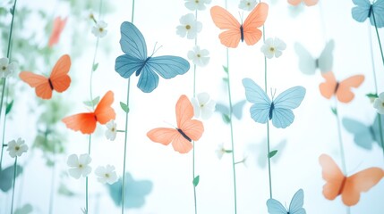 Fototapeta premium Colorful butterflies suspended delicately among flowers, creating a whimsical and serene atmosphere for vibrant decor or design.
