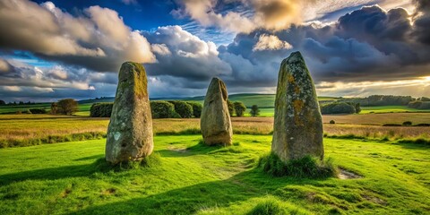 Ancient weathered stones rise from the earth, three massive upright monoliths standing sentinel, a fallen capstone lies