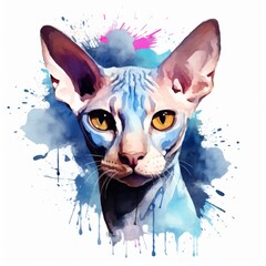 Artistic Watercolor Sphynx Cat with Vibrant Paint Splashes - Ideal for Wall Art and Creative Projects
