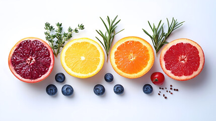 A colorful arrangement of citrus fruits, blueberries, and herbs on a white background, showcasing fresh and vibrant ingredients.
