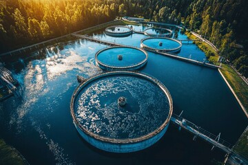 Aerial View of Circular Wastewater Treatment Tanks Surrounded by Trees