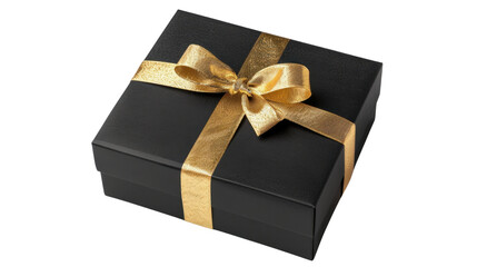 Gift box black with gold ribbon on transparent background