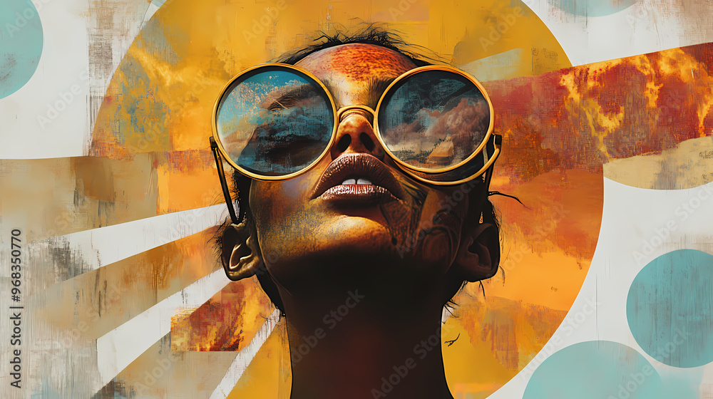 Wall mural an art collage of a girl in creative glasses on the background of an abstract sun. collage. illustra