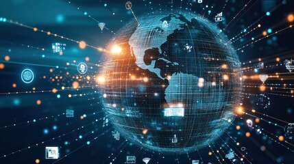 A globe surrounded by digital icons, representing international outsourcing networks.