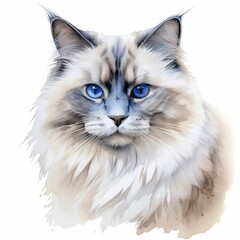 Fototapeta premium Beautiful Watercolor Illustration of a Blue-Eyed Fluffy Cat for Art Projects and Pet Lovers