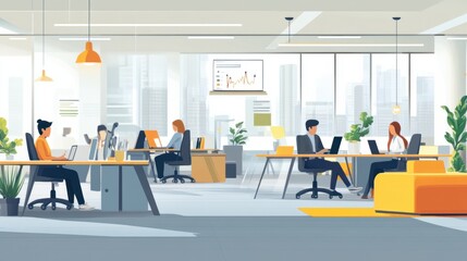 A modern office space with employees working on separate tasks, showcasing an outsourced workforce.