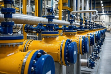 Row of Industrial Yellow and Blue Pipelines in a Factory