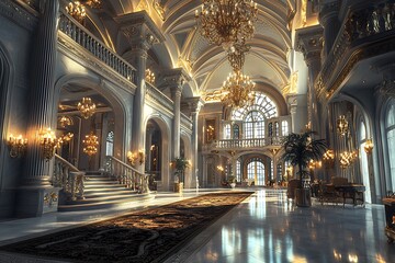 Grand interior design with luxurious chandeliers and high ceilings.