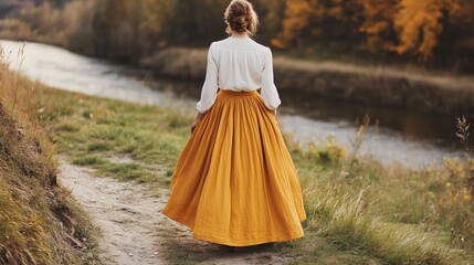 A young Caucasian woman in a flowing yellow skirt walks along a riverbank in autumn.