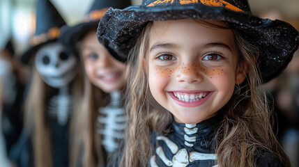 Fototapeta premium smiling kids in halloween costumes at party, skeleton, vampire, witch, children, kid, child, masquerade, portrait, october 31, all saints day, celebration, holiday, autumn, fall, girl, boy, childhood