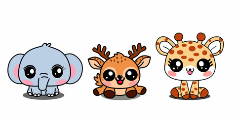 Set of cute animals cartoon character design. deer,giraffe,elephant on kawaii style hand drawn.