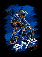 Naklejka premium Urban style modern t-shirt design with boy on bicycle BMX. Sport extreme grunge illustration for guys on black background. Graffiti words and street art