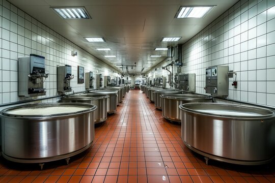 Industrial Kitchen with Rows of Stainless Steel Vats
