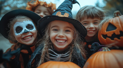 smiling kids in halloween costumes at party, skeleton, vampire, witch, children, kid, child, masquerade, portrait, october 31, all saints day, celebration, holiday, autumn, fall, girl, boy, childhood