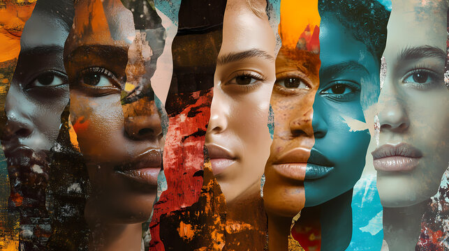 Dramatic collage of faces, different races and ethnicities, acceptance and embracing diversity. Collage. Illustration