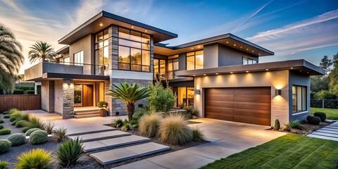 Obraz premium A spaciously designed California home boasts modern architecture, sleek lines, and tropical landscaping, blending