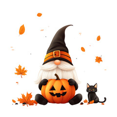 A whimsical gnome celebrates Halloween with a carved pumpkin and a playful black cat, surrounded by autumn leaves.