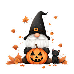 A whimsical gnome with a pumpkin and a black cat surrounded by autumn leaves, perfect for Halloween themes and seasonal decor.