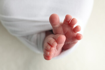 The tiny foot of a newborn. Soft feet of a newborn in a white blanket. Close up of toes, heels and feet of a newborn baby. Studio Macro photography. Woman's happiness.