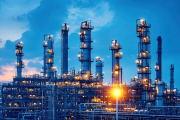 Fototapeta premium Industrial Complex with Towers and Pipes at Dusk
