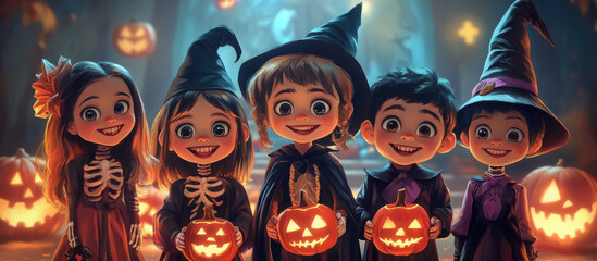 Obraz premium smiling kids in halloween costumes at party, skeleton, vampire, witch, children, kid, child, masquerade, portrait, october 31, all saints day, celebration, holiday, autumn, fall, girl, boy, childhood