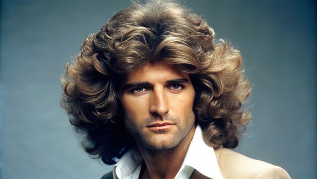 A stylish individual rocked a voluminous feathered coiffure, a quintessential hallmark of 1970s fashion, and carried