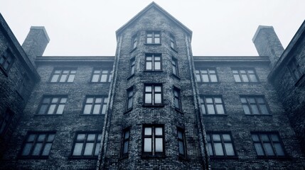 Obraz premium Mysterious old building shrouded in fog, showcasing eerie architecture and dark windows, perfect for haunting visuals.