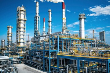 Fototapeta premium Industrial Complex with Tall Towers and Smoke Stacks