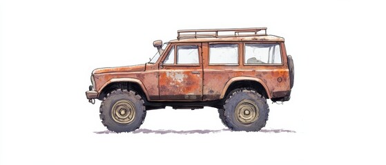 Obraz premium Rusty vintage off-road vehicle showcasing a rugged design and classic style, perfect for adventure and exploration themes.