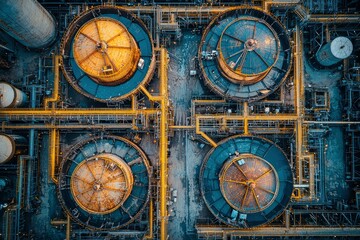 Fototapeta premium Aerial View of Industrial Complex with Large Circular Tanks and Interconnected Pipelines