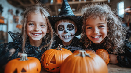 smiling kids in halloween costumes at party, skeleton, vampire, witch, children, kid, child, masquerade, portrait, october 31, all saints day, celebration, holiday, autumn, fall, girl, boy, childhood