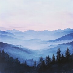 Serene mountain landscape at dawn, featuring misty valleys and silhouetted trees against a pastel sky.