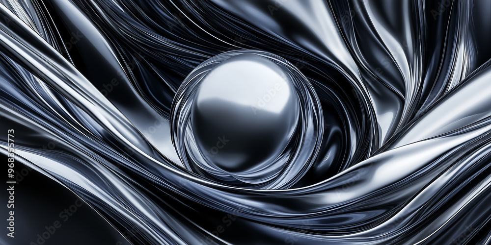 Poster chrome sphere resting on flowing liquid metal abstract background