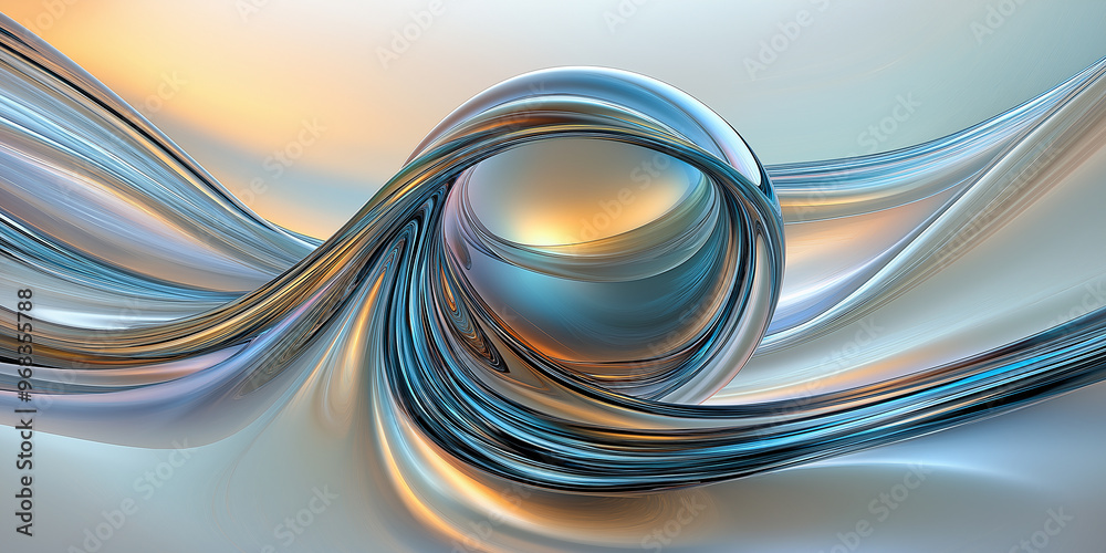 Poster abstract chrome ball enveloped by wavy lines background