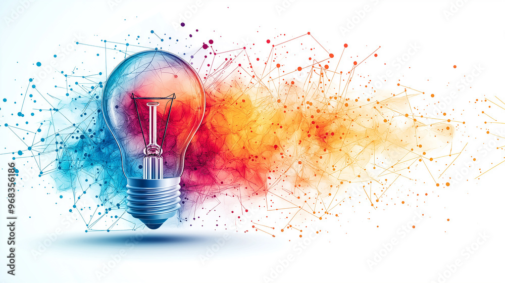 Poster Light bulb generating colorful explosion of connections and ideas