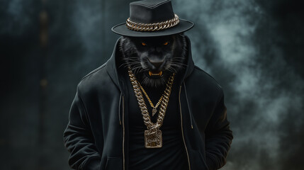 Fototapeta premium Black panther wearing gold chains and black hat posing in front of smoke