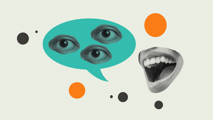 Three eyes on a speech bubble with a human mouth