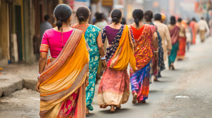 Indian women wearing colorful saris walking in the street of india