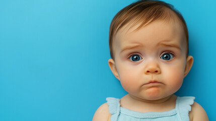 Naklejka premium Baby girl making a funny face on a blue background