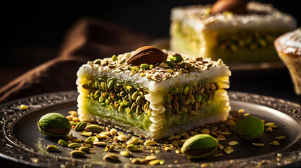 Close up of Appetizing Luxurious Arabic Belewa with Almond and Honey Filling – Traditional Middle Eastern Dessert