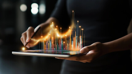 Businesswoman analyzing financial data on digital tablet with growing chart