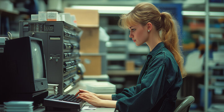 Young woman working on vintage computer system in server room