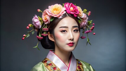 A woman in a hanbok, dressed with precision, stands confidently against a studio still life, her makeup soft