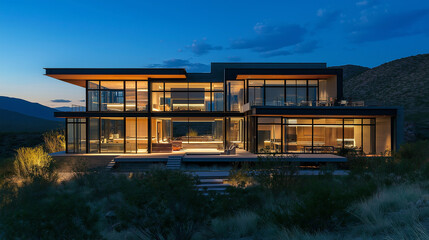 Modern luxury home exterior glowing at twilight in the desert