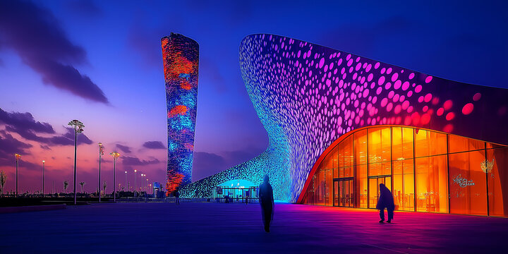 Aspire tower and the torch doha qatar lighting up at dusk with silhouetted people walking