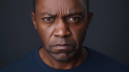 Obraz premium Close-up portrait of a serious black man frowning on dark background